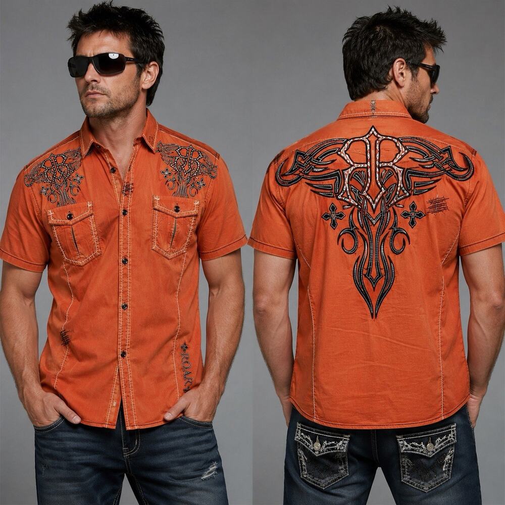 Roar Graphic Button-Up Shirt Men’s 2XL Orange Black Cross Gothic Y2K